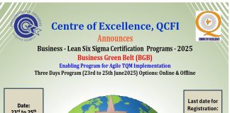 Center of Excellence, QCFI announces Business – Lean Six Sigma Certification Program Business Green Belt (BGB) from 23rd to 25th June, 2025